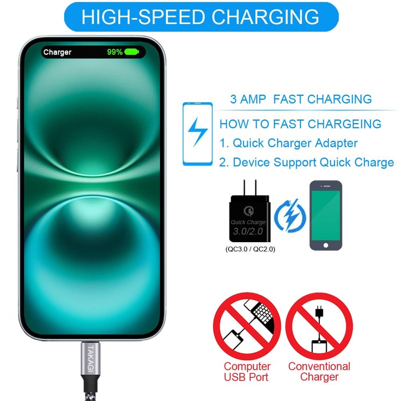 TAKAGI USB to USB C Cable (3Pack 6ft) USB A to Type C Cable Fast Charging Nylon Braided Data Sync Transfer Cord USB C Charger for iPhone 17 Pro Max/17 Air/16e/16 15 Pro/15 Plus/Galaxy S20 S10 Note 20 - Image 5