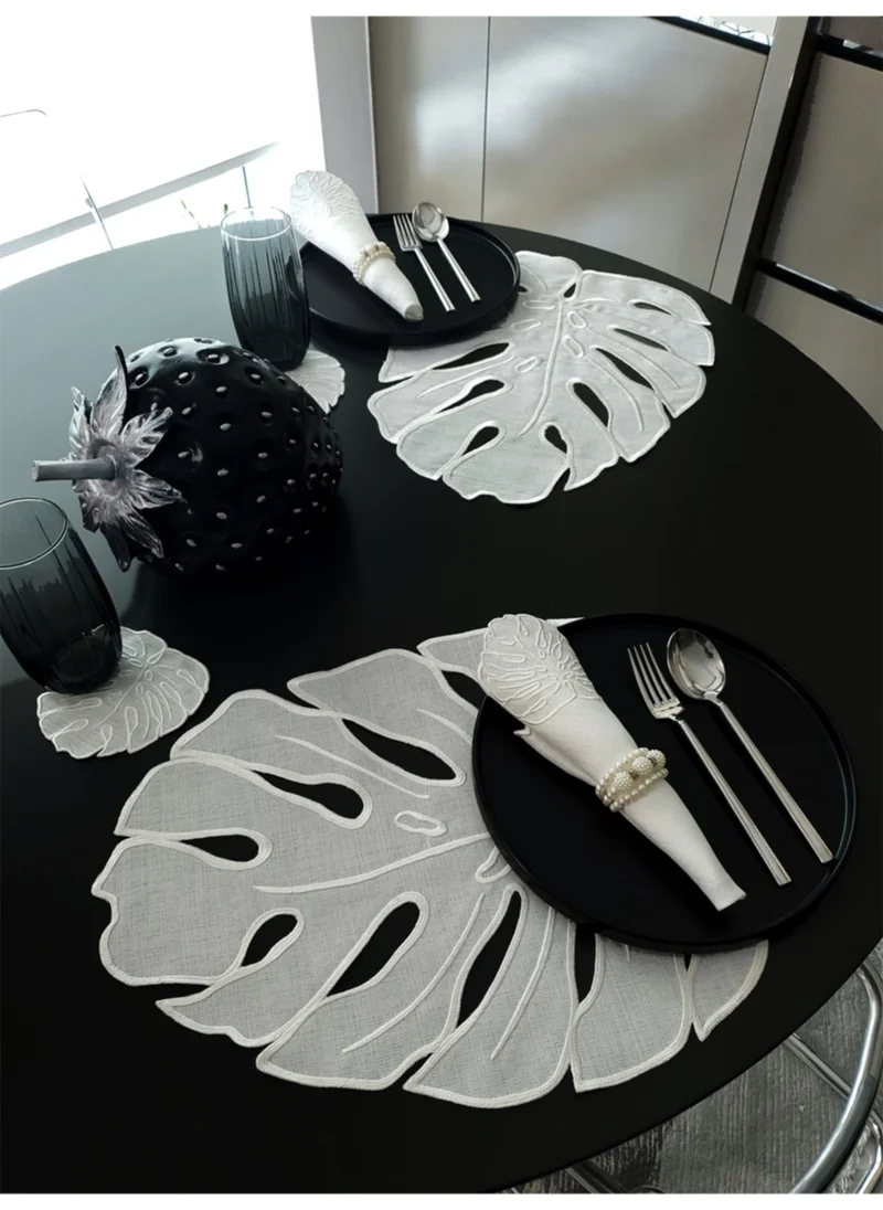 Tanem Home Imported Linen Fabric Leaf Pattern Embroidered 16 Piece Placemat Set for 4 People