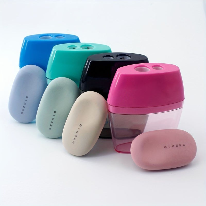 2pcs Set Eraser And Pencil Sharpener Set Black Eraser And Beige Sharpener Cute Oval Eraser For Daily Use Christmas Halloween Gift - Image 1