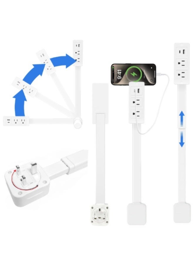 موسع مقبس كهربائي قابل لتعديل الطول مزود بمنفذ USB-A ومنفذ USB-C ومنفذي تيار متردد - يمكن تمديد مقبس الطاقة من 22 إلى 27 بوصة، ويدور 180 درجة، وسلك تمديد للوصول إلى الأماكن التي يصعب الوصول إليها خلف طاولات السرير والمكاتب والأرائك. - Image 1