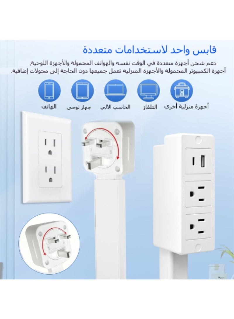 موسع مقبس كهربائي قابل لتعديل الطول مزود بمنفذ USB-A ومنفذ USB-C ومنفذي تيار متردد - يمكن تمديد مقبس الطاقة من 22 إلى 27 بوصة، ويدور 180 درجة، وسلك تمديد للوصول إلى الأماكن التي يصعب الوصول إليها خلف طاولات السرير والمكاتب والأرائك. - Image 2