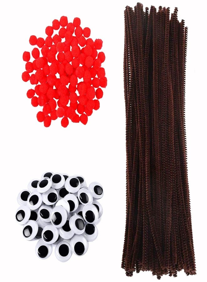 LEFUBABY 600-Piece Christmas Pipe Cleaner Set - Includes 100 Brown Chenille Stems, 200 Red Pom Poms, 300 Wiggle Eyes for Crafts & DIY Making - Image 1