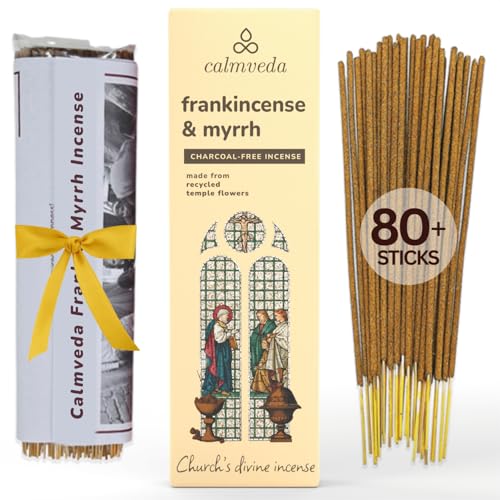 Calmveda Church Frankincense and Myrrh Incense - 80 Sticks, Charcoal Free, Handmade from Upcycled Flowers, Spiritual Healing Incense - Image 1