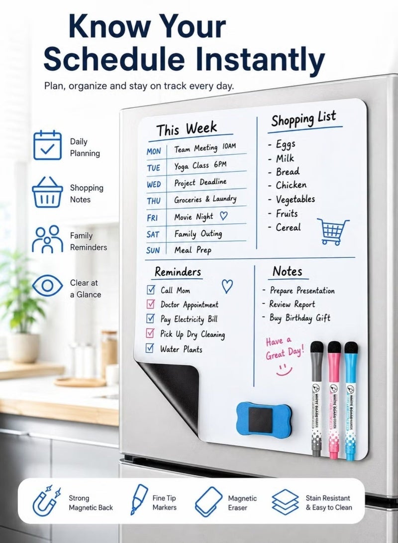 A4 Magnetic White Board , Dry Erase Boards, fridge whiteboard, magnetic dry erase board,A4 small magnetic whiteboard with 3 Markers and Board Eraser , small magnetic dry erase board,for Fridge Kitchen,home,Office ,21*30cm , White - Image 5