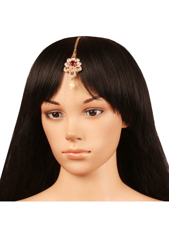 Touchstone - New Indian Bollywood Traditional Floral Paisley Mughal Kundan Look Faux Ruby Designer Jewelry Mangtika Head Accessory In Antique Gold Tone. For Women. - Image 1