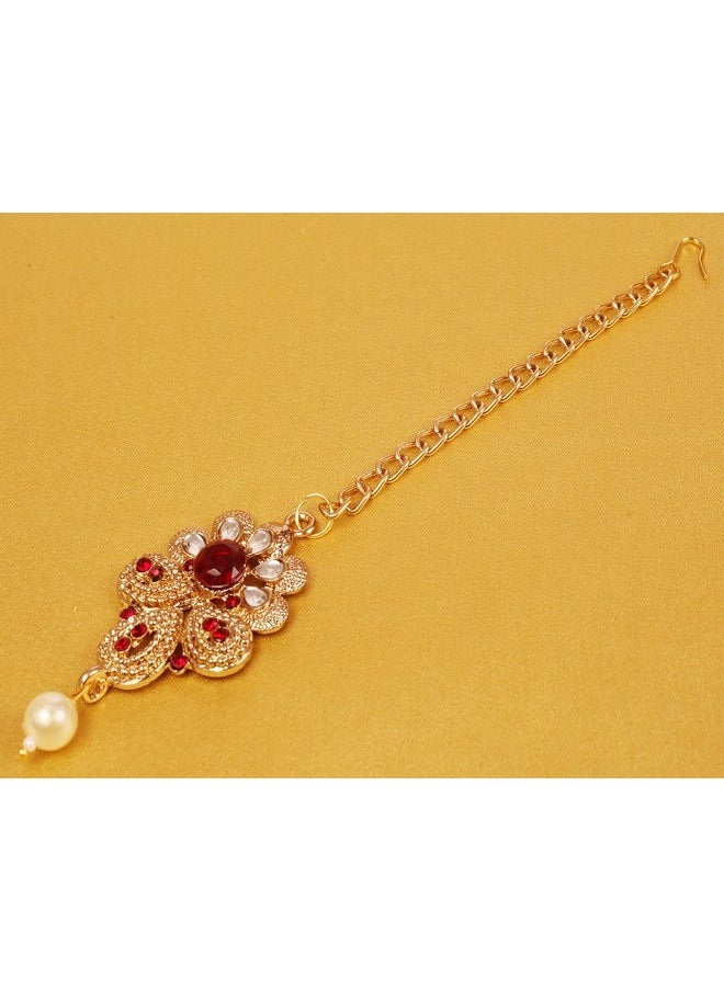 Touchstone - New Indian Bollywood Traditional Floral Paisley Mughal Kundan Look Faux Ruby Designer Jewelry Mangtika Head Accessory In Antique Gold Tone. For Women. - Image 1