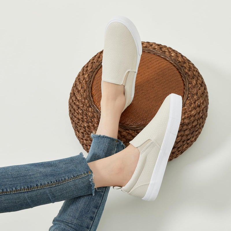 TUOPIN Womens Synthetic Leather Slip On Shoes,Padded Collar Slip on Sneakers for Women,Casual Loafers Walking Shoes(Taupe.US09) - Image 2