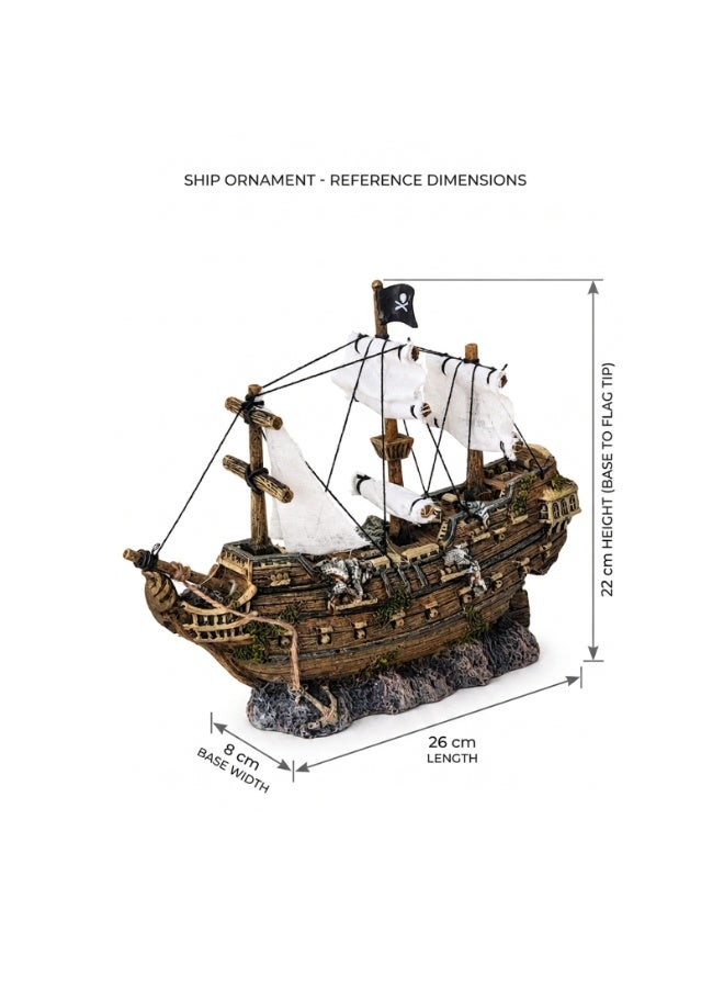 KW Pirate Ship Aquarium Decoration Ornament - Detailed Resin Shipwreck Sculpture with Fabric Sails & Pirate Flag for Fish Tank Aquascape, Realistic Wooden Texture, 26cm Length, Fish-Safe Tank Centerpiece - Image 4