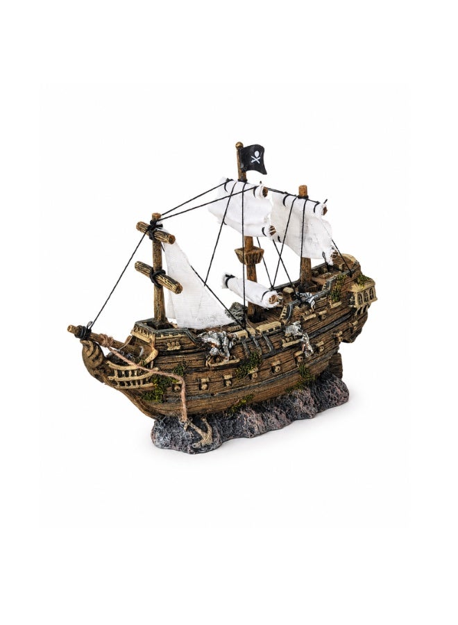 KW Pirate Ship Aquarium Decoration Ornament - Detailed Resin Shipwreck Sculpture with Fabric Sails & Pirate Flag for Fish Tank Aquascape, Realistic Wooden Texture, 26cm Length, Fish-Safe Tank Centerpiece - Image 2
