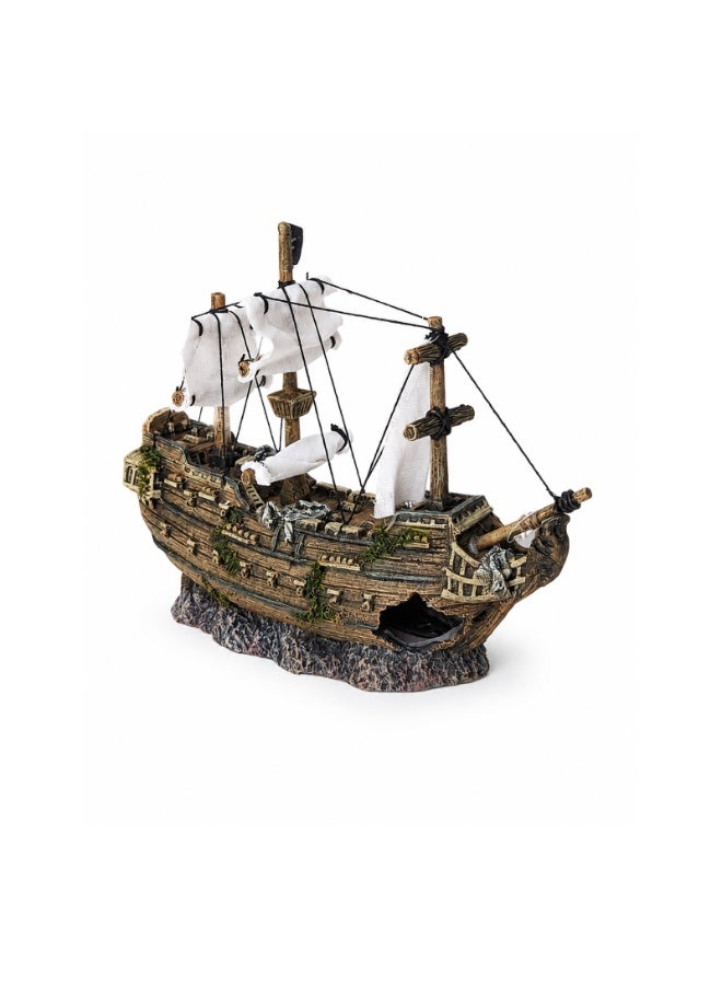KW Pirate Ship Aquarium Decoration Ornament - Detailed Resin Shipwreck Sculpture with Fabric Sails & Pirate Flag for Fish Tank Aquascape, Realistic Wooden Texture, 26cm Length, Fish-Safe Tank Centerpiece - Image 3