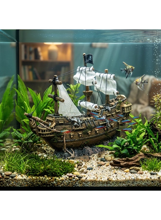 KW Pirate Ship Aquarium Decoration Ornament - Detailed Resin Shipwreck Sculpture with Fabric Sails & Pirate Flag for Fish Tank Aquascape, Realistic Wooden Texture, 26cm Length, Fish-Safe Tank Centerpiece - Image 5