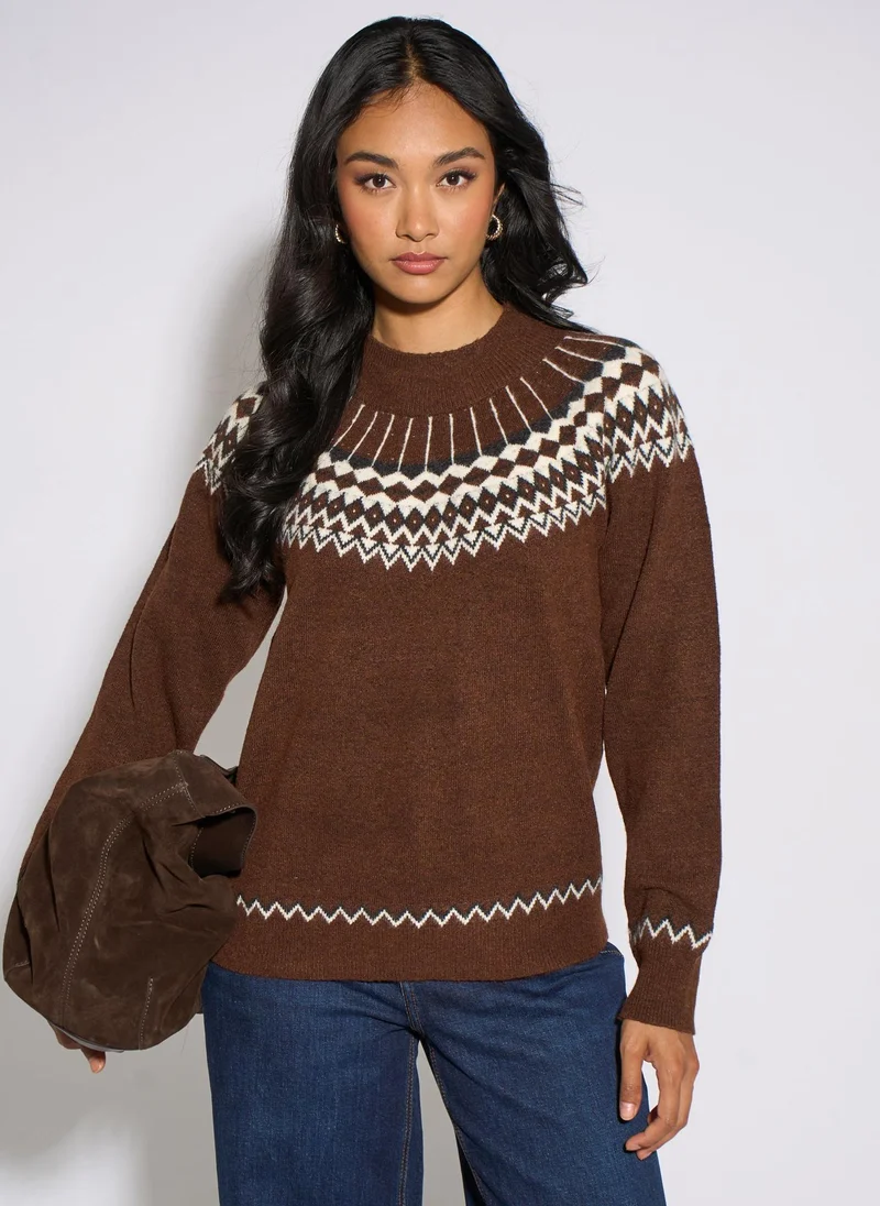 Gini London Brown Fair Isle Knit Jumper