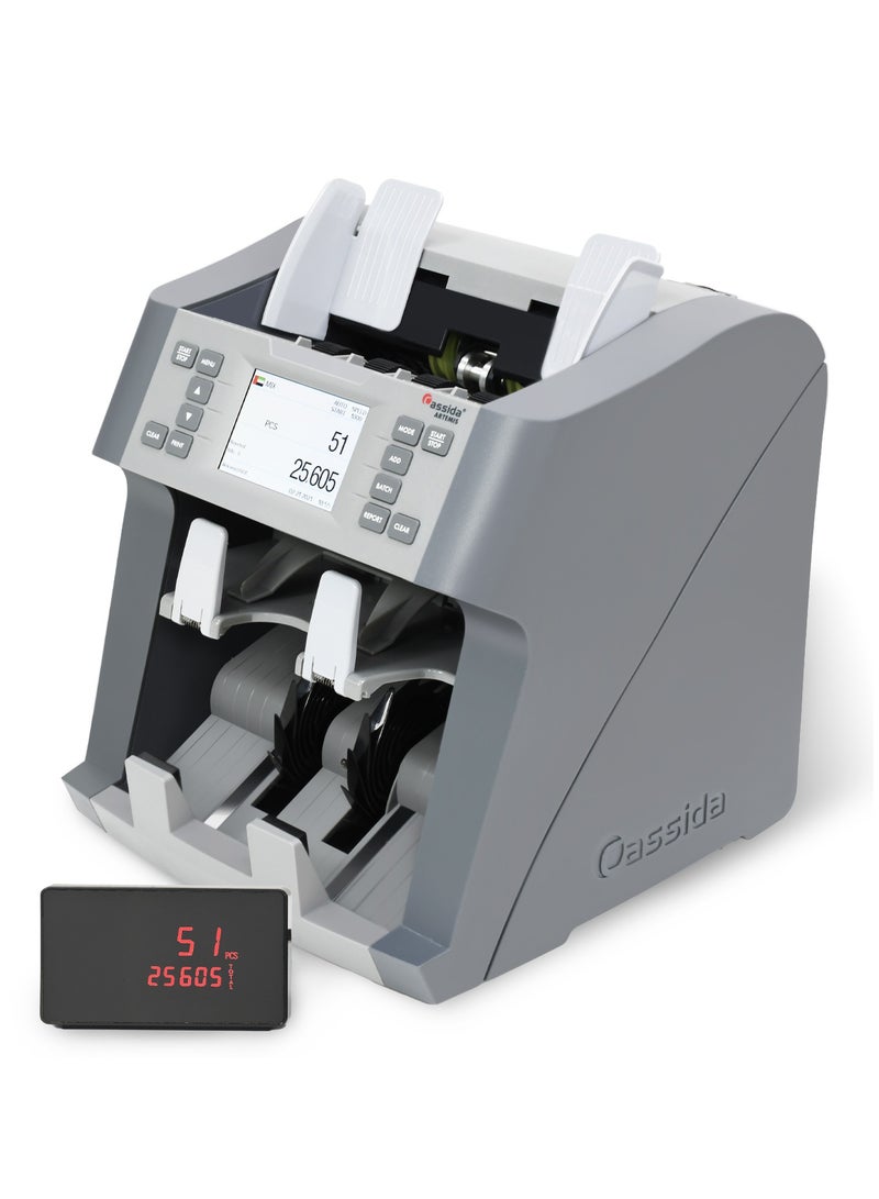 Cassida Artemis: 2-pocket mixed value counter & sorter with Detection, 15 currencies (AED, USD, EUR, GBP, BHD, KWD, SAR, OMR, QAR, INR, TZS, XAF, XOF, KES, LKR), external display and Cassida Cover