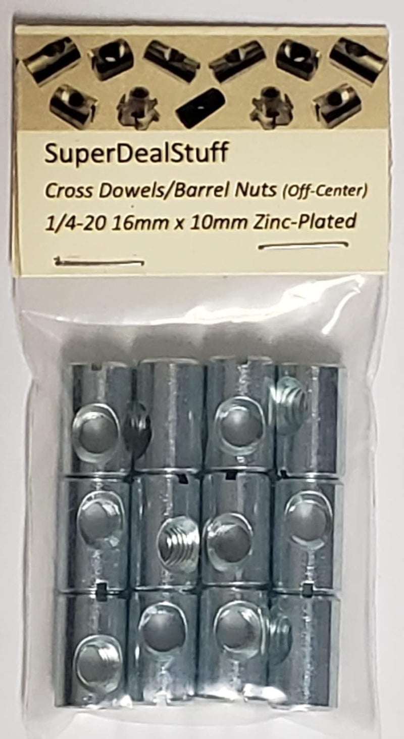 SuperDealStuff (12) Cross Dowels/Barrel Nuts - 1/4-20 16mm X 10mm Zinc-Plated Off-Centered CNC - Image 3