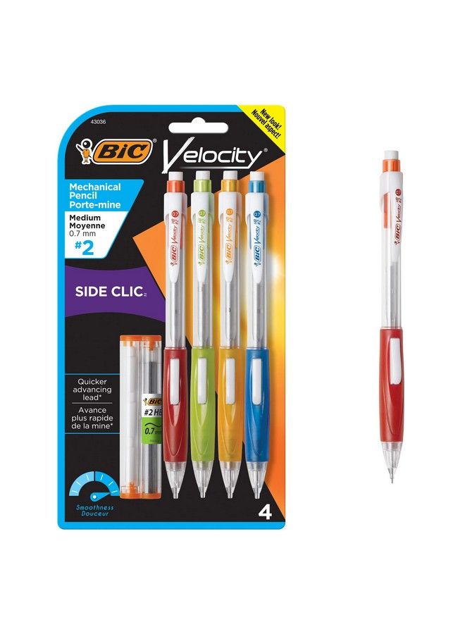 Bic قلم رصاص ميكانيكي Velocity Side Clic متوسط الرأس (0.7 مم) أسود بمقبض ناعم ومريح، 4 قطع - Image 1