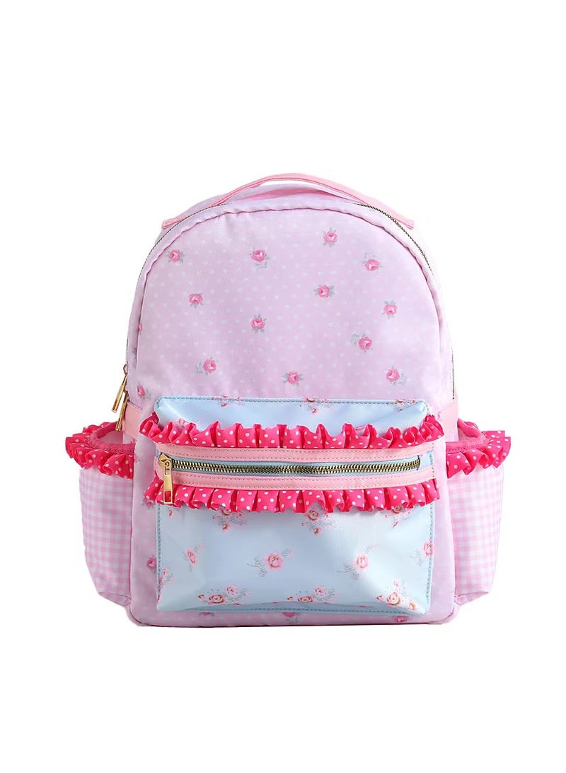 Ruffle Girls Backpack – Floral Canvas, Polka Dot & Plaid Design, Large Capacity, Insulated Back Bag, Pink with Blue Bow - Image 1