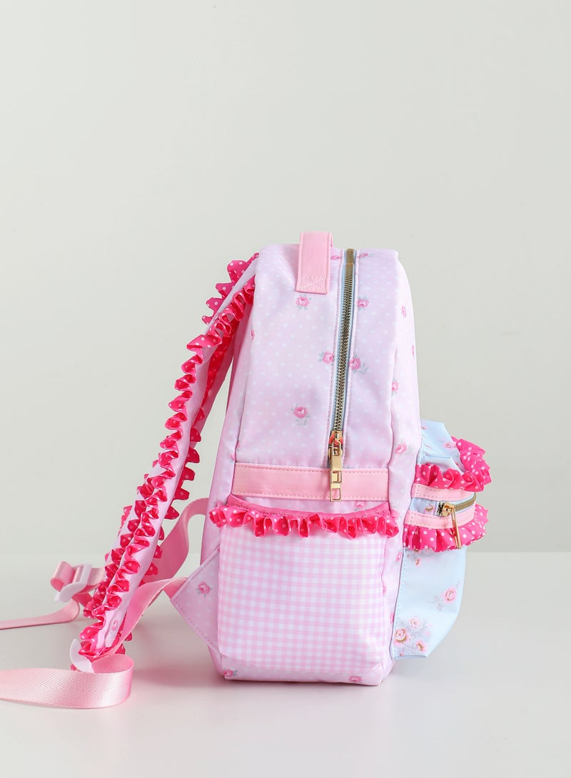 Ruffle Girls Backpack – Floral Canvas, Polka Dot & Plaid Design, Large Capacity, Insulated Back Bag, Pink with Blue Bow - Image 2