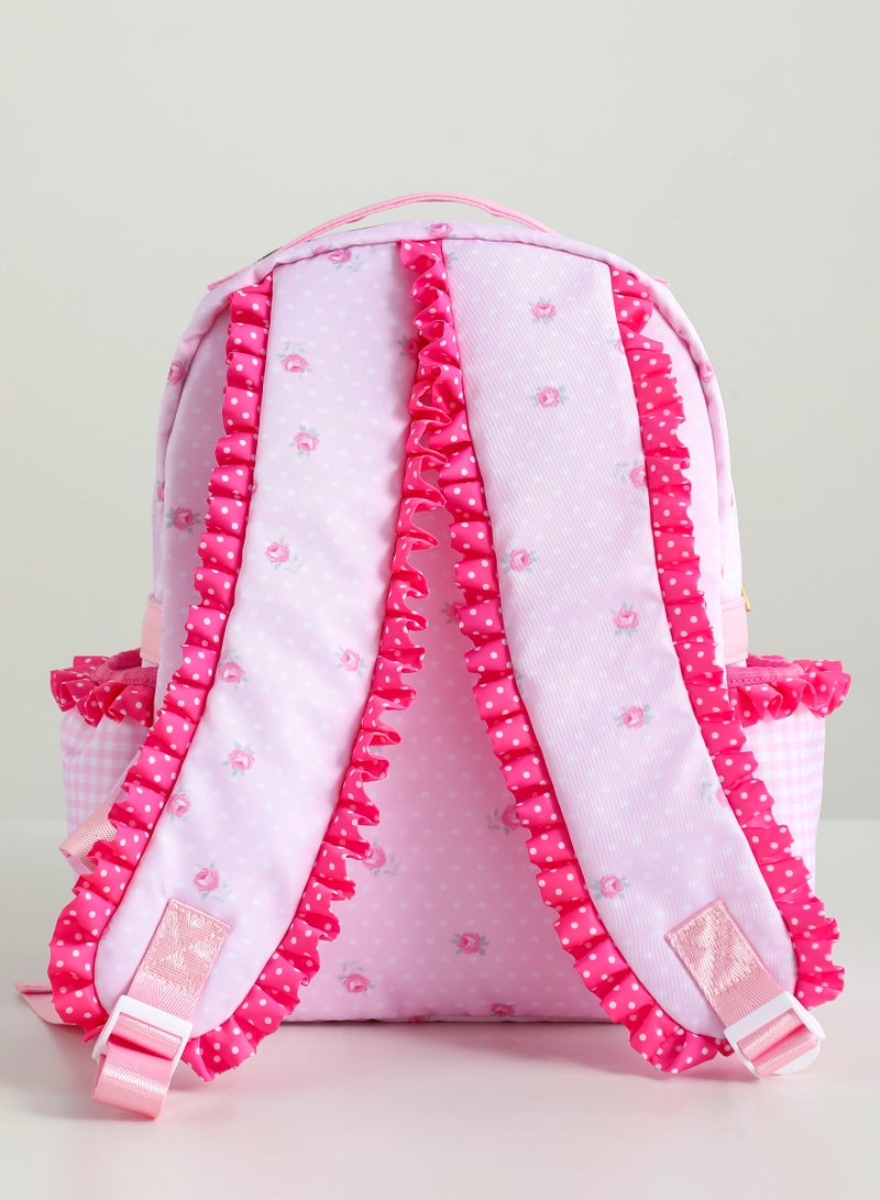Ruffle Girls Backpack – Floral Canvas, Polka Dot & Plaid Design, Large Capacity, Insulated Back Bag, Pink with Blue Bow - Image 3