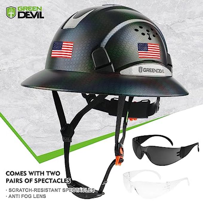 GREEN DEVIL Full Brim Hard Hat Vented Construction Safety Helmet Osha Approved Cascos De Construccion Abs Work Hardhat For Men&Women 6 Point Adjustable Ratchet Suspension Custom Pattern Design - Image 2