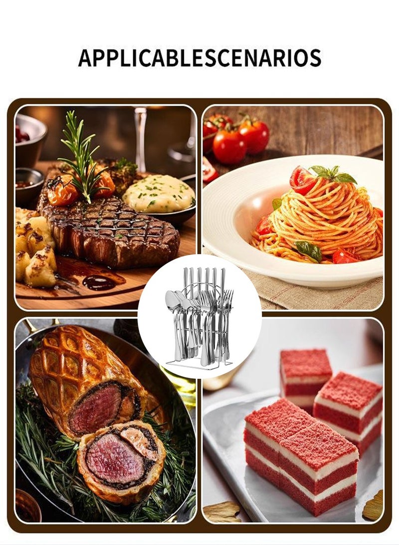 بيروي 24 قطعة من أدوات المائدة المصنوعة من الفولاذ المقاوم للصدأ، بما في ذلك 6 قطع من شوك اللحم، 6 قطع من ملاعق الحساء، 6 قطع من السكاكين، 6 قطع من ملاعق الشاي، 1 قطع من حامل قائم، مصنوعة من مواد من الفولاذ المقاوم للصدأ، آمنة وسهلة التنظيف، مجموعة أدوات فضية، مع ملعقة/سكين/شوكة، مناسبة لعدة أشخاص لاستخدامها - Image 4