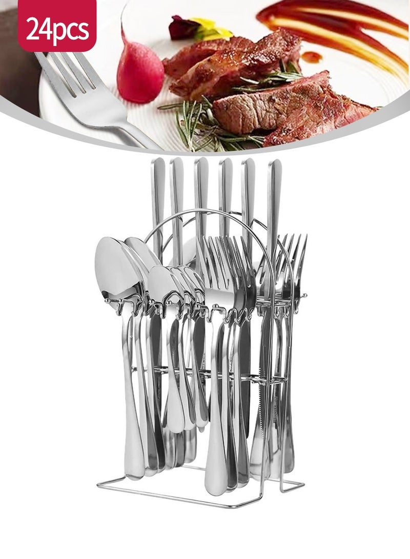 بيروي 24 قطعة من أدوات المائدة المصنوعة من الفولاذ المقاوم للصدأ، بما في ذلك 6 قطع من شوك اللحم، 6 قطع من ملاعق الحساء، 6 قطع من السكاكين، 6 قطع من ملاعق الشاي، 1 قطع من حامل قائم، مصنوعة من مواد من الفولاذ المقاوم للصدأ، آمنة وسهلة التنظيف، مجموعة أدوات فضية، مع ملعقة/سكين/شوكة، مناسبة لعدة أشخاص لاستخدامها - Image 1
