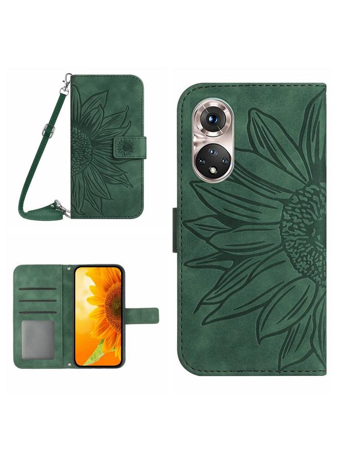 زبون جراب هاتف Huawei P50 من الجلد المريح بنقشة زهرة الشمس مع حبل تعليق - Image 1