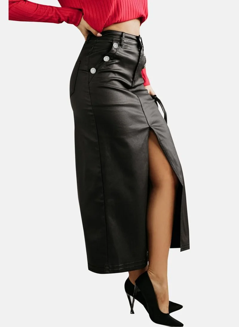 يونيكي Front Slit Black Midi Skirt