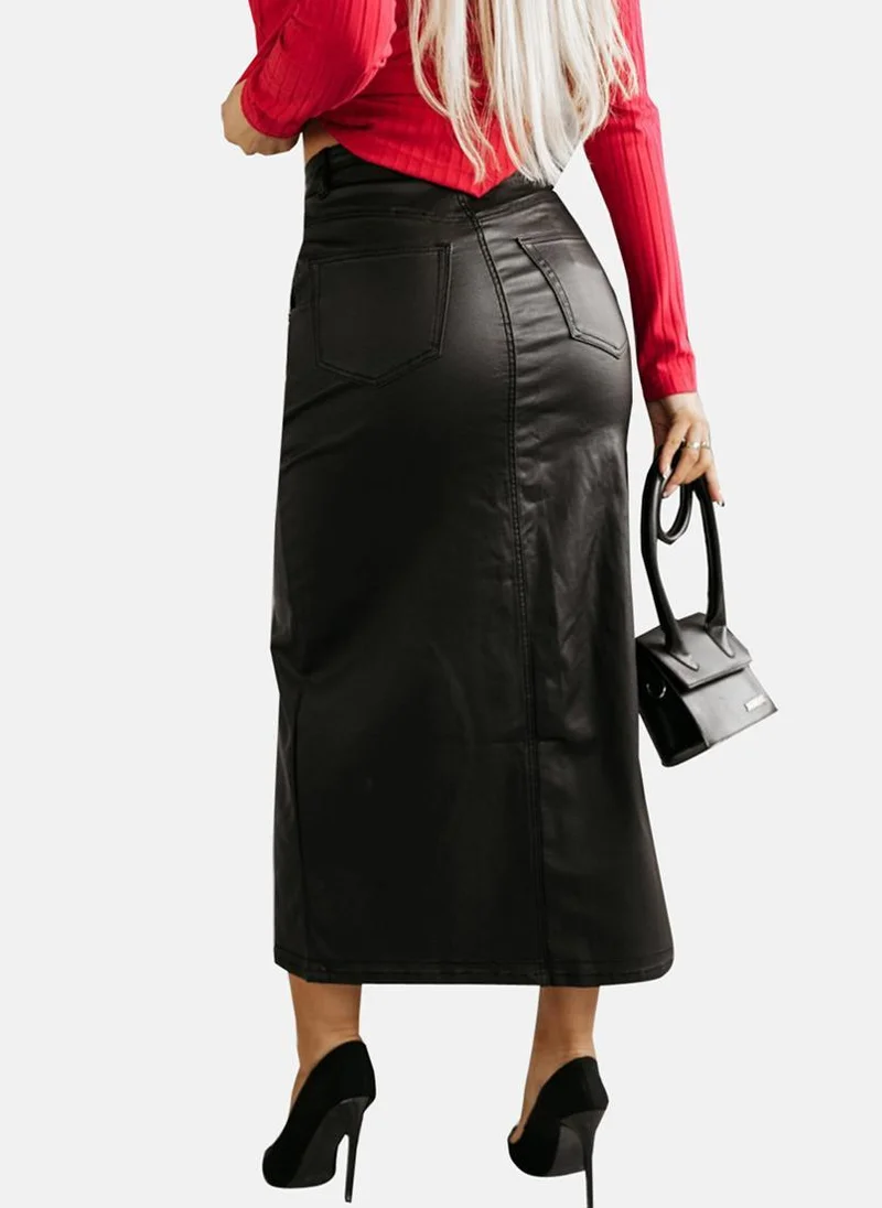 يونيكي Front Slit Black Midi Skirt