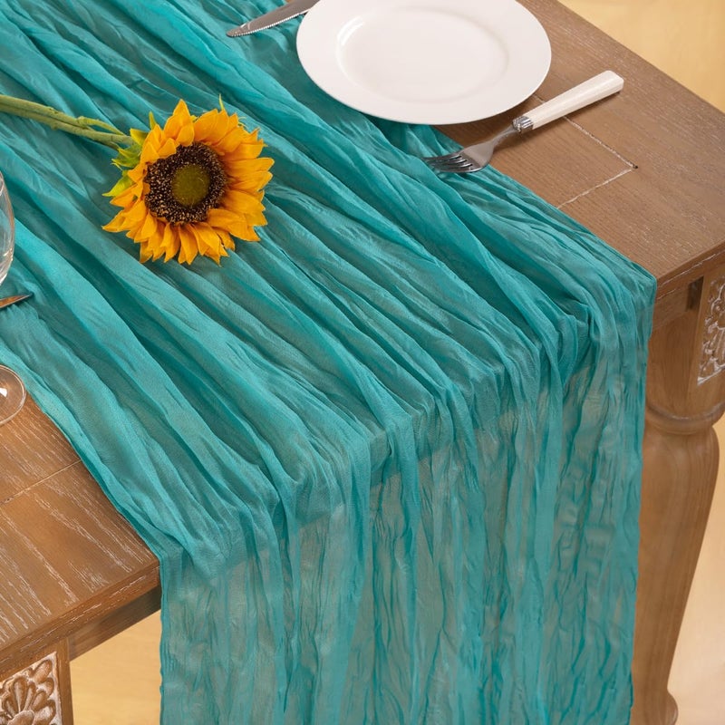 DeZerlor Teal Green Cheesecloth Table Runner Spring Easter Table Runner Boho Gauze 120 Inches Turquoise Cheese Cloth Table Decor for Wedding Bridal Baby Shower Parties - Image 5