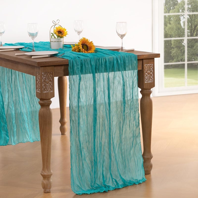 DeZerlor Teal Green Cheesecloth Table Runner Spring Easter Table Runner Boho Gauze 120 Inches Turquoise Cheese Cloth Table Decor for Wedding Bridal Baby Shower Parties - Image 2