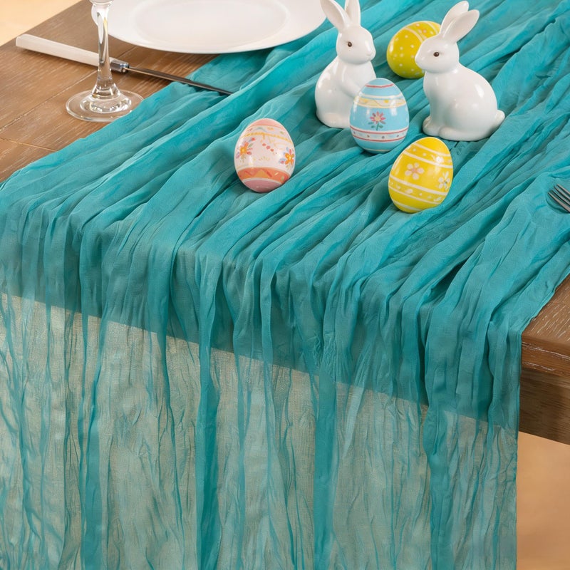 DeZerlor Teal Green Cheesecloth Table Runner Spring Easter Table Runner Boho Gauze 120 Inches Turquoise Cheese Cloth Table Decor for Wedding Bridal Baby Shower Parties - Image 1