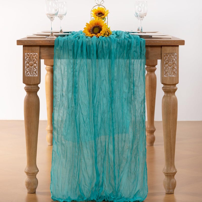DeZerlor Teal Green Cheesecloth Table Runner Spring Easter Table Runner Boho Gauze 120 Inches Turquoise Cheese Cloth Table Decor for Wedding Bridal Baby Shower Parties - Image 4