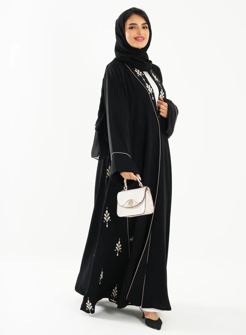 Rosette Abaya Stylish French cut with elegant embroidery details