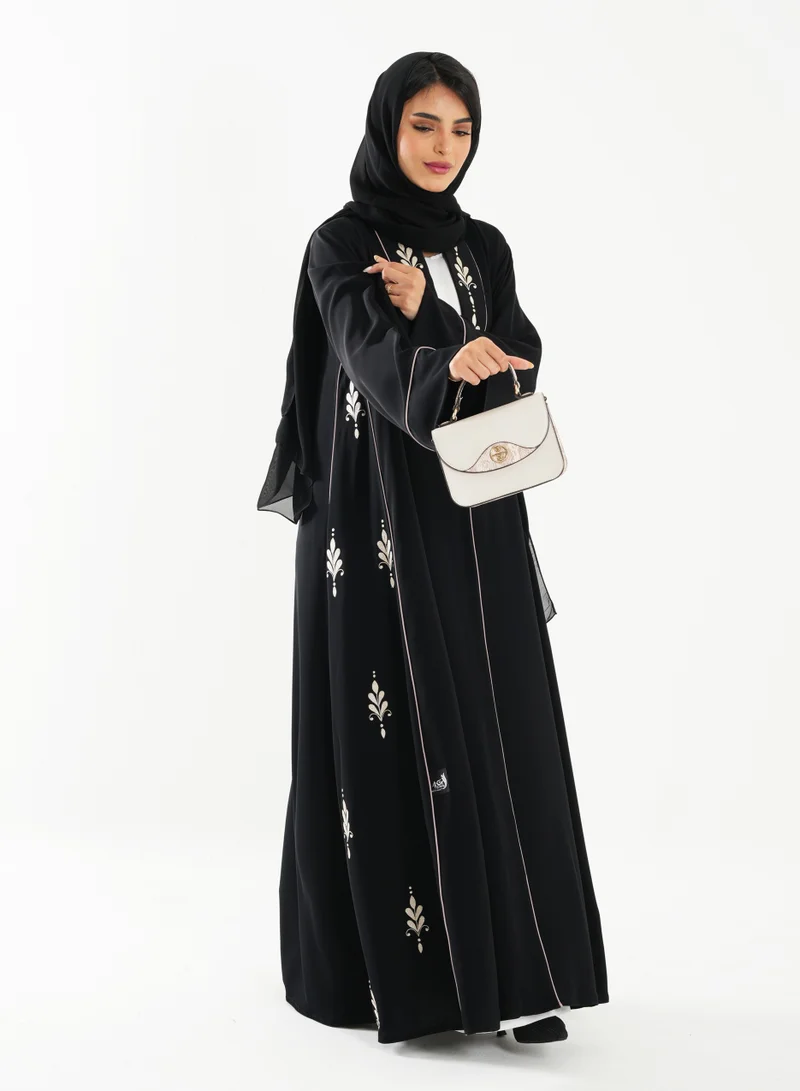 Rosette Abaya Stylish French cut with elegant embroidery details