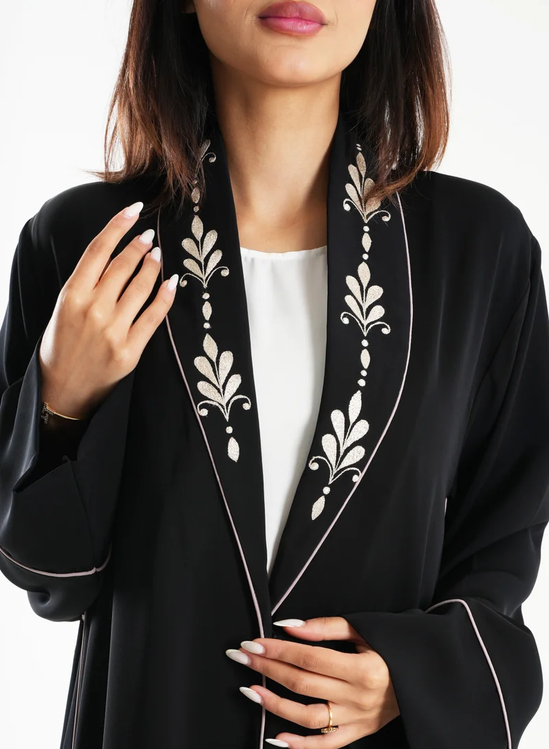 Rosette Abaya Stylish French cut with elegant embroidery details