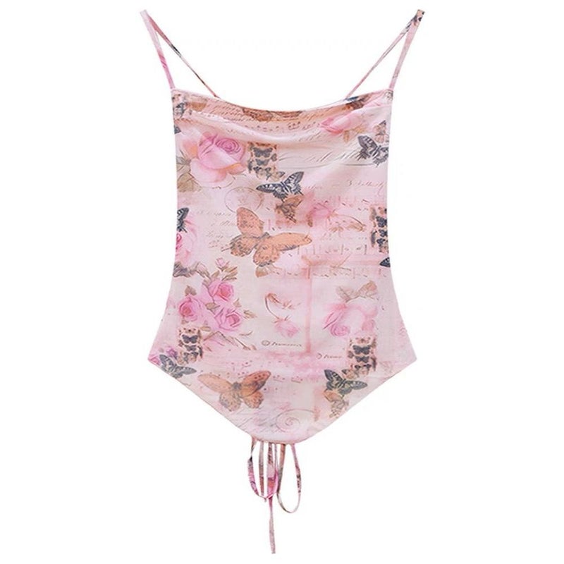 Women's Summer Cowl Neck Sleeveless Butterfly Print Slim Fit Cami Top - Image 5