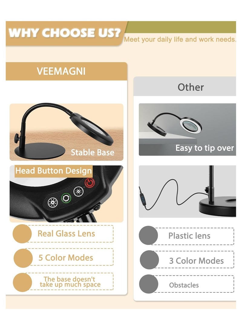 general Magnifying Glass with Light and Stand 5 Color Modes Stepless Dimmable LED Lighted Desk for Craft Hobby Painting Sewing Close Work - Image 4
