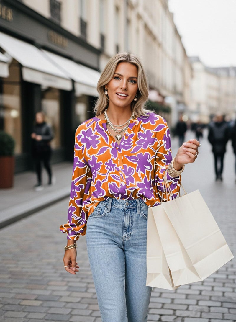 Astylish Women Boho Floral Loose Spring Summer Tops Beach Fashion V Neck Breathable Puff Sleeve Flowy Blouses Button Down Button Down Business Casual Shirts Orange Large - Image 4