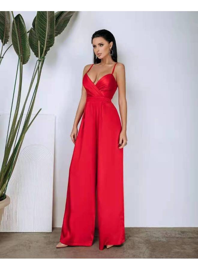 Summer European And American Explosives Backless Pleated Yama Sling Straight One-piece Pants Length