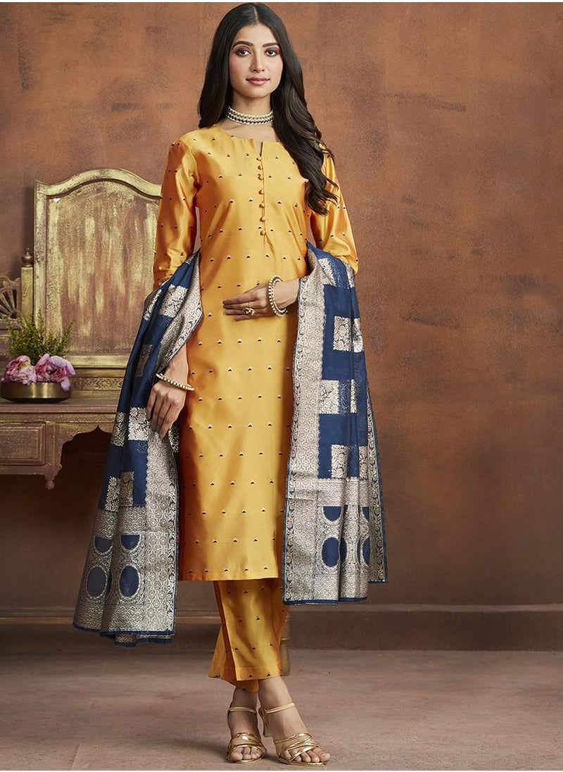 Regular Fit Three-Quarter Sleeve Printed Yellow & Blue Silk Woven Kurta Set For Women Flat Collar Perfect For Wedding And Engagement Pull On Closure - pzsku/ZB24E70DCF7E32632E60BZ/45/1741088047/be28b679-896d-40e4-b165-b6f6c45dd2ef