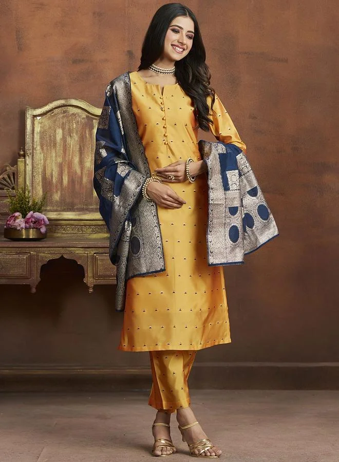 ISHIN Women's Yellow & Blue Silk Printed Full Length Palazzo Regular Fit Kurta Set