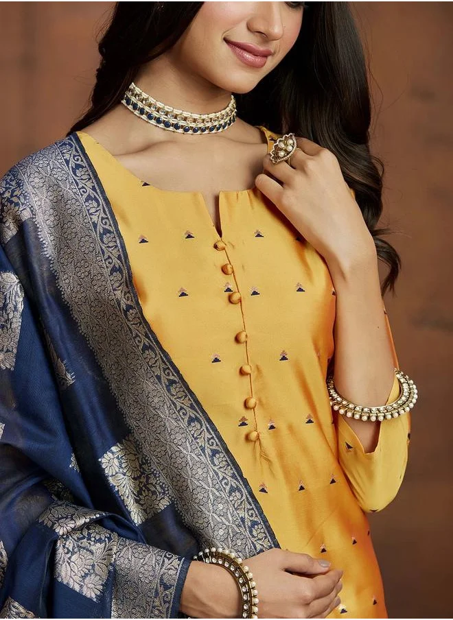 ISHIN Yellow & Blue Kurta Set Straight Fit 3/4 Sleeve Sleeve made from Poly Silk featuring Self Design design and Round Neck neckline - Perfect for Ethinic!