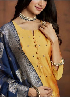 ISHIN Yellow & Blue Kurta Set Straight Fit 3/4 Sleeve Sleeve made from Poly Silk featuring Self Design design and Round Neck neckline - Perfect for Ethinic!  - Image 2