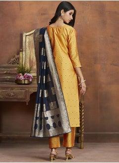 ISHIN Yellow & Blue Kurta Set Straight Fit 3/4 Sleeve Sleeve made from Poly Silk featuring Self Design design and Round Neck neckline - Perfect for Ethinic!  - Image 5