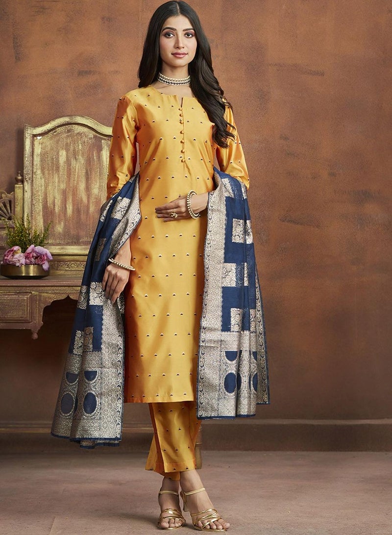 ISHIN Women's Yellow & Blue Silk Printed Full Length Palazzo Regular Fit Kurta Set - Image 1
