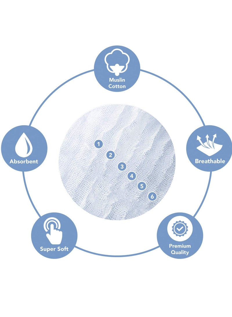 كابتن تيك Comfy Cubs 6-Pack Large Cotton Muslin Burp Cloths - Extra Absorbent & Soft 6-Layer Hand Washcloths in White for Ultimate Comfort and Cleanliness. - Image 4