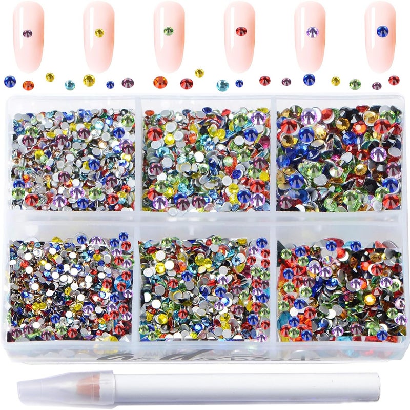AD Beads 8280PCS Flatback Rhinestones Nail Gems Round Crystal Rhinestones for Crafts Mixed 6 Sizes with Wax Pencil Kit SS3-SS10 (06 Mixed Color)