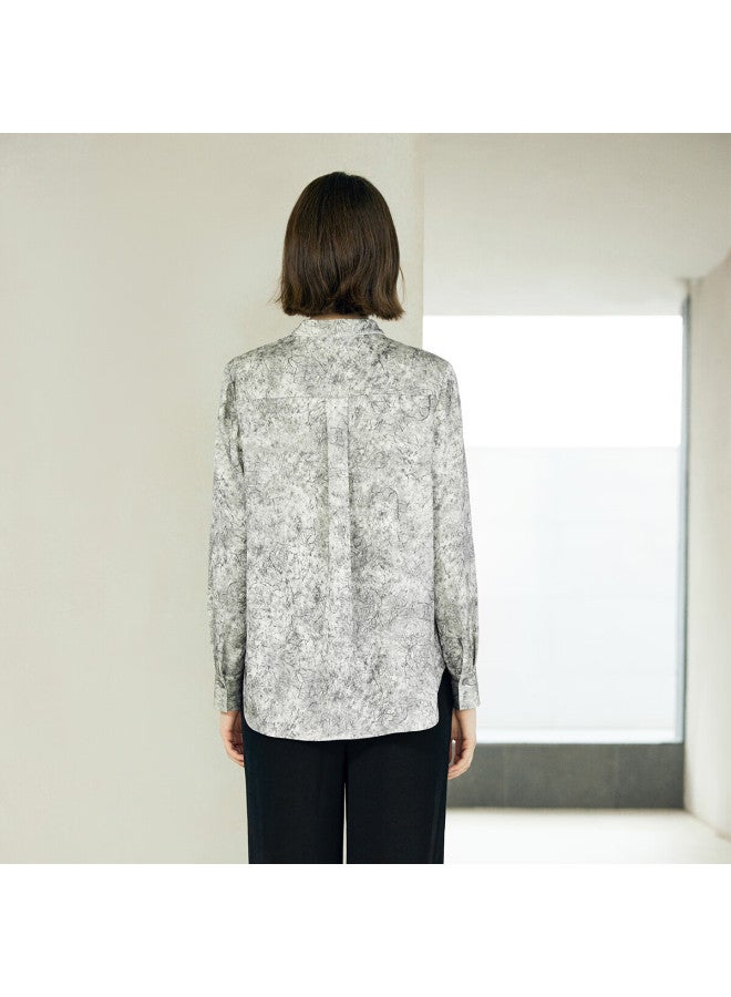 Yanyee Women's Long Sleeve Stand Collar Shirt Autumn Loose Fit Printed Top New Chinese Style Shirt Gray S/36 - Image 2