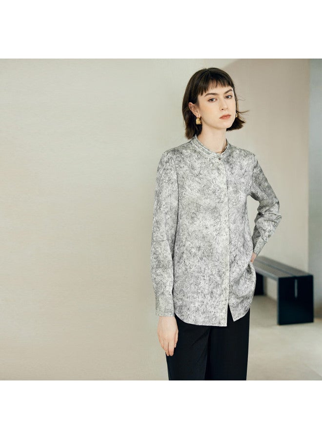 Yanyee Women's Long Sleeve Stand Collar Shirt Autumn Loose Fit Printed Top New Chinese Style Shirt Gray S/36 - Image 1