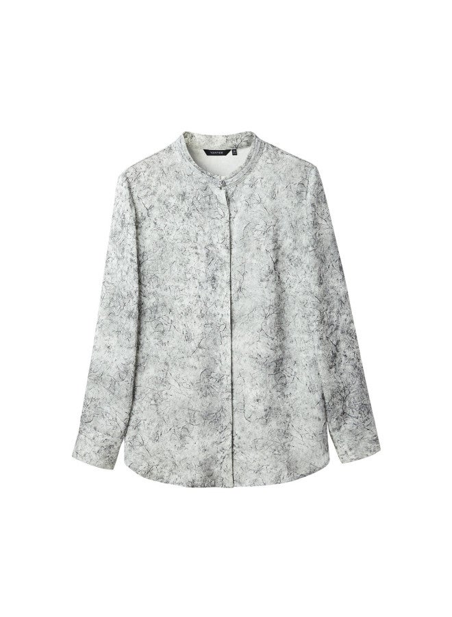 Yanyee Women's Long Sleeve Stand Collar Shirt Autumn Loose Fit Printed Top New Chinese Style Shirt Gray S/36 - Image 3
